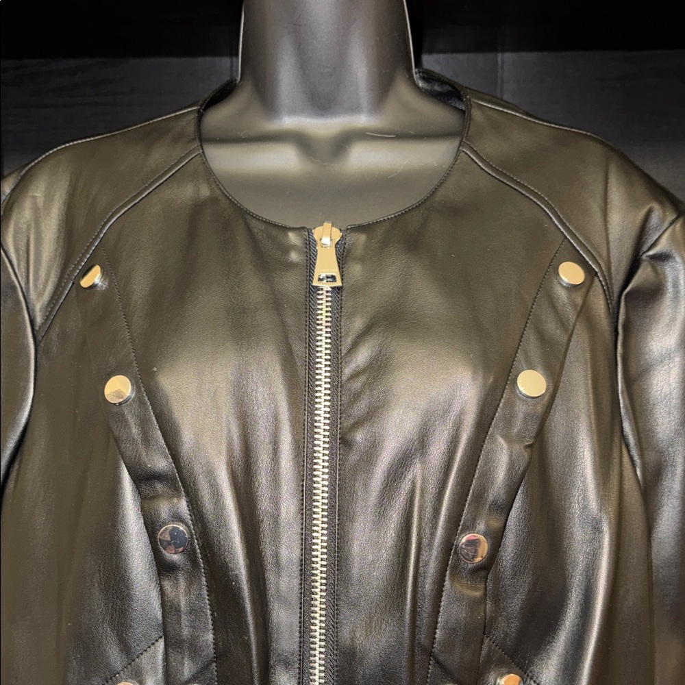 Bebe Snap Button Jet Black Leather Jacket with zipper